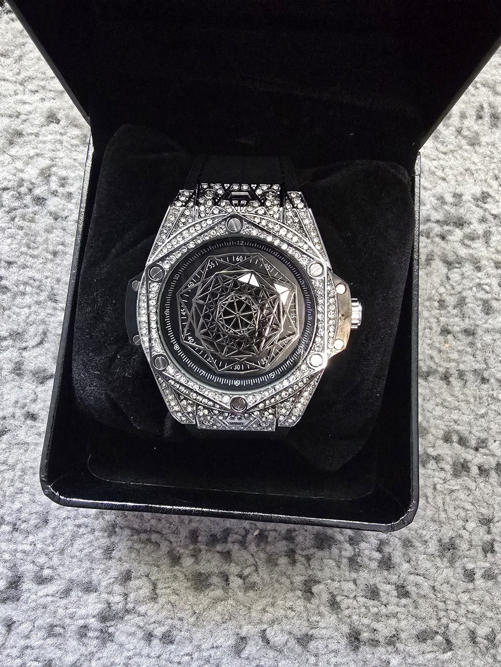 Men's Silver Crystal Accent Geometric Dial Watch